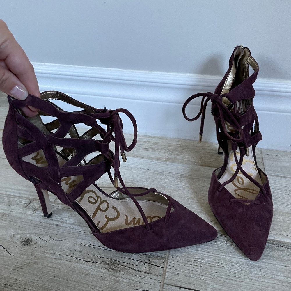 SAM EDELMEN - Purple Suede Strappy Pointed Toe Heels